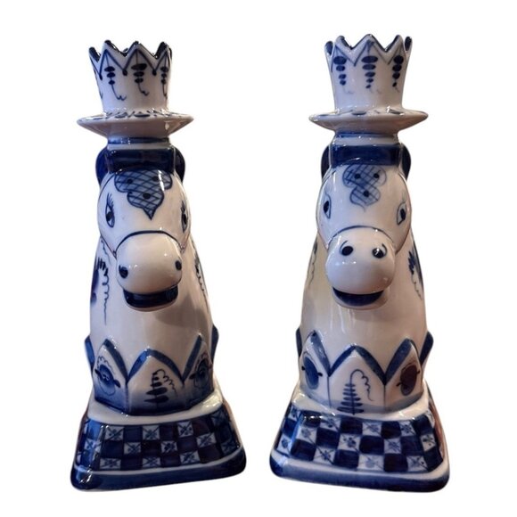 Vintage Russian GZHEL-STYLE Cobalt Blue & White Horses Head Candle Holders Lot 2 - Picture 3 of 7